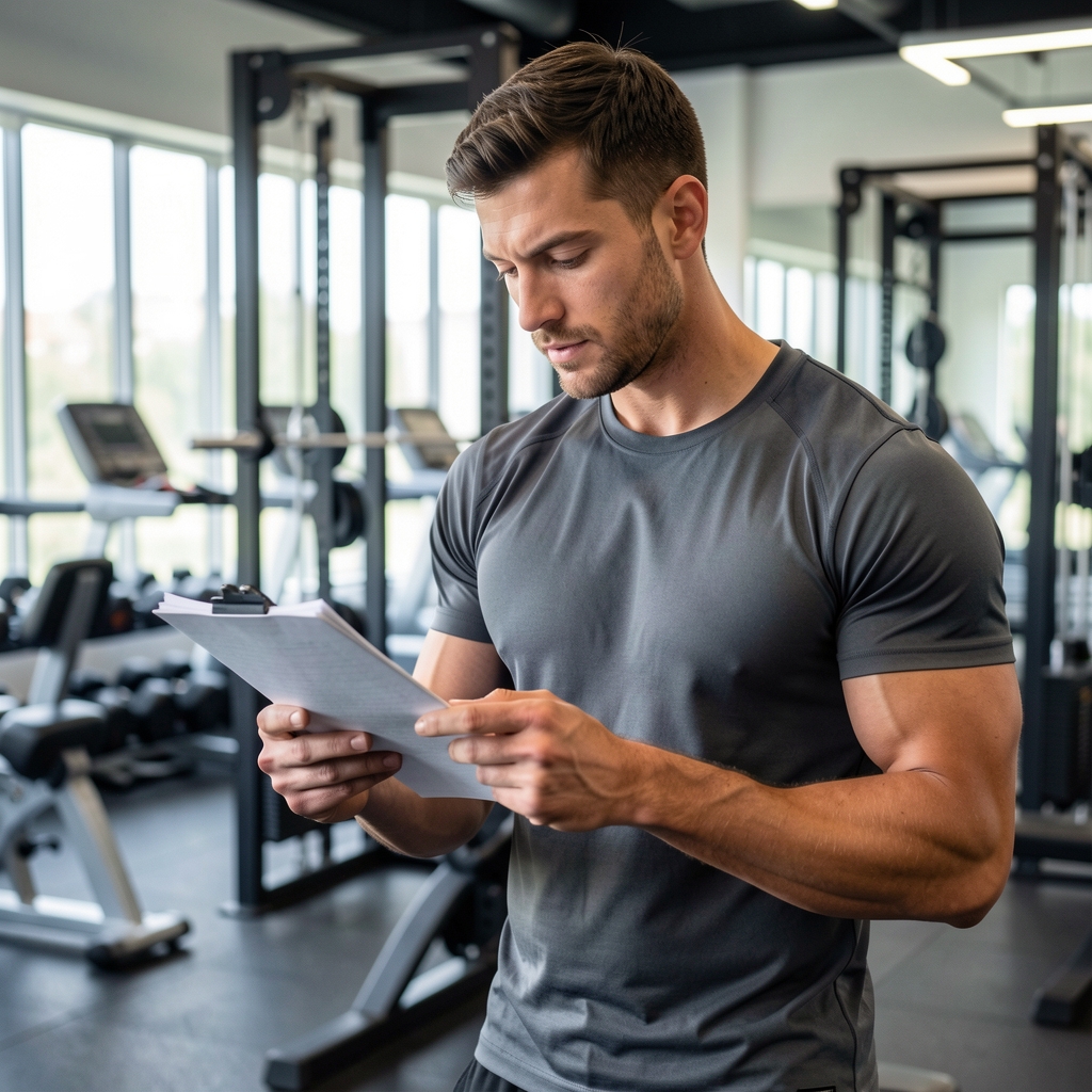 Male fitness researcher reviewing notes in a gym setting, athletic build, focused expression, documentary style photograph