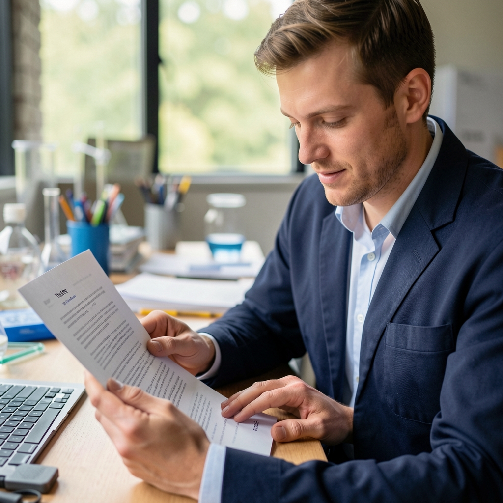 Trelvan team member reviewing a printed journal entry on a workdesk, research materials visible, editorial candid photograph