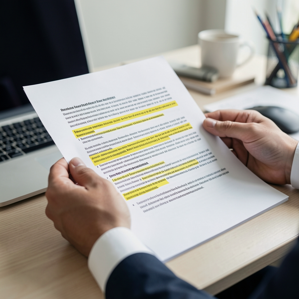 Close-up of hands holding a printed research document at a desk, focus on highlighted text, shallow depth of field, clean workspace