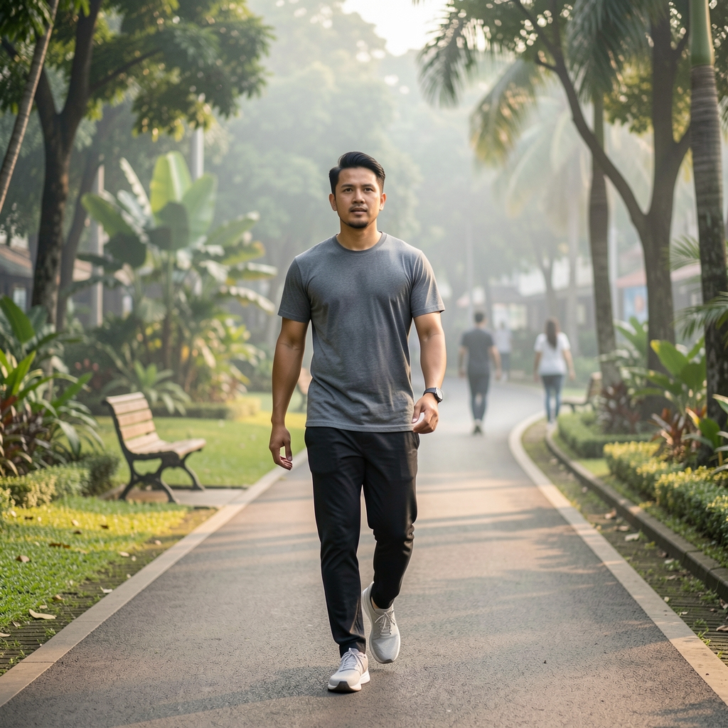 Active man in casual athletic wear walking through a Jakarta park at early morning, natural light, candid editorial photograph