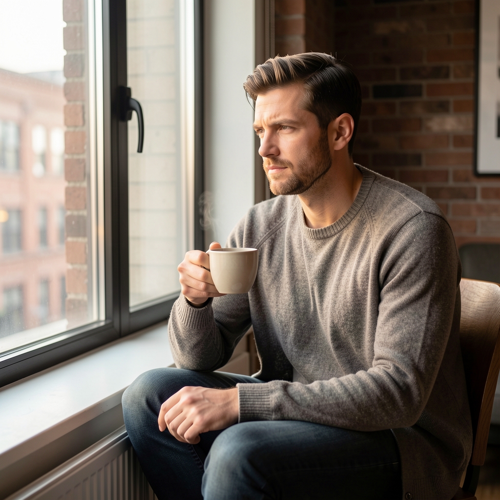 Man sitting quietly at a window with morning coffee, soft morning light, relaxed personal moment, urban apartment interior