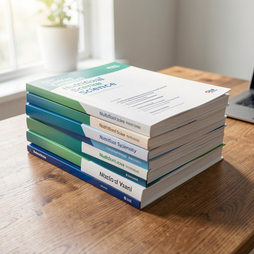 Stack of nutritional science journals and research papers on a wooden table, neat arrangement, natural side lighting in a bright workspace