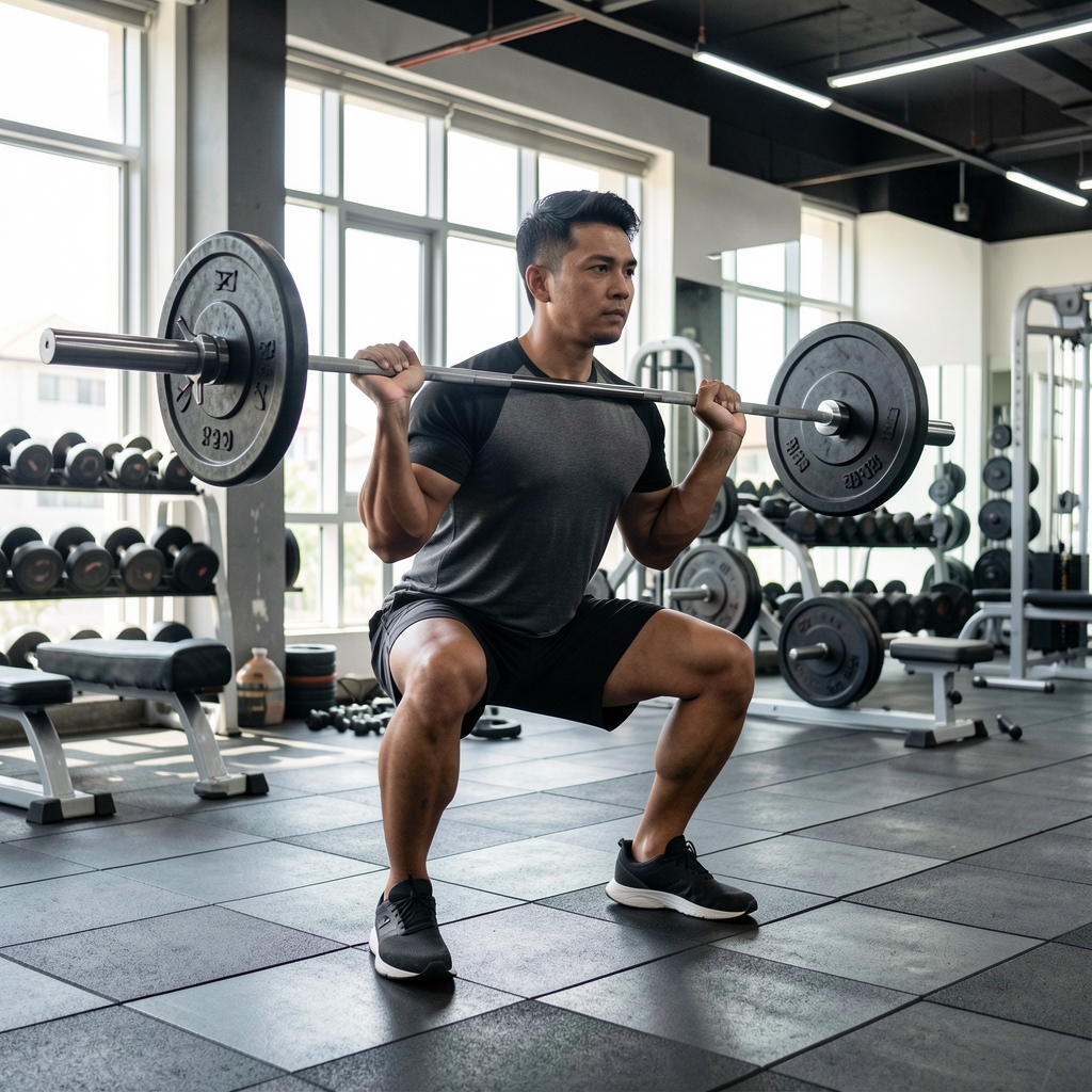 Man performing a barbell squat with good form in a well-lit Jakarta gym, athletic wear, natural light from windows