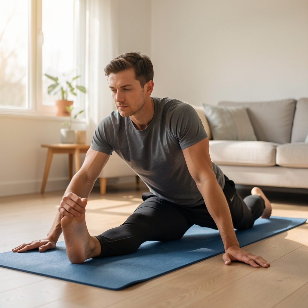 Man stretching on a yoga mat in a clean home space, morning light, focused and calm expression, athletic wear, soft interior lighting