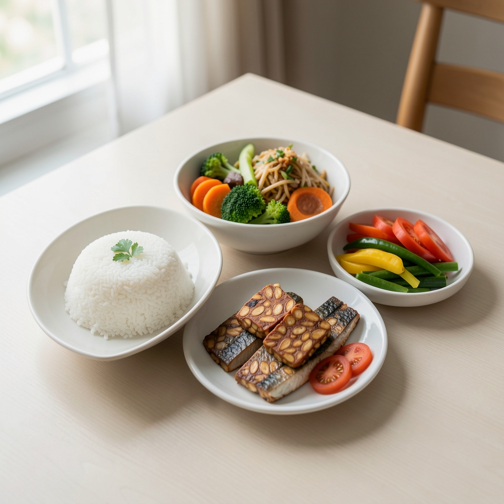Traditional Indonesian meal spread on a clean table showing rice, vegetables, tempeh and fish, natural daylight, balanced portion composition