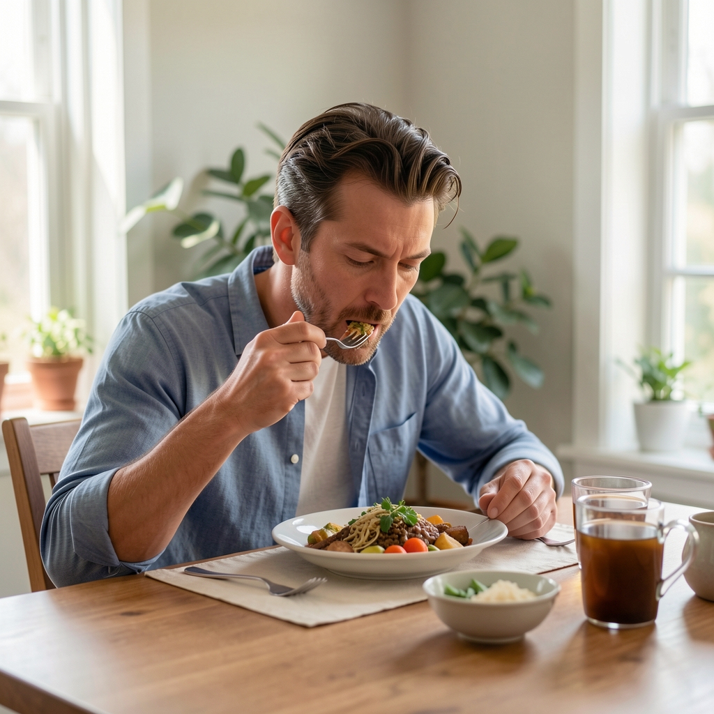 Man eating slowly and attentively at a table with a balanced meal, editorial photograph, calm domestic setting, midday natural light