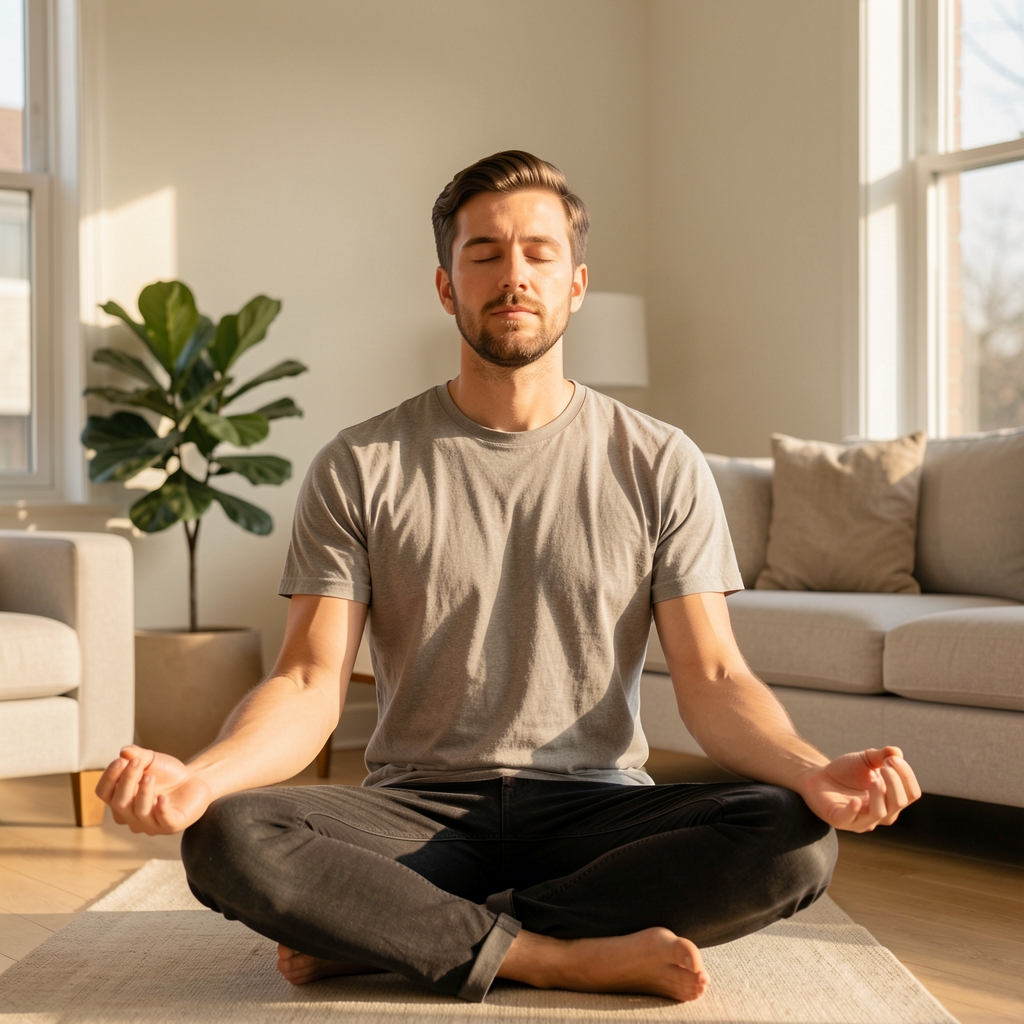 Man sitting quietly with eyes closed in a meditative posture in a clean living space, warm morning light, relaxed and present expression